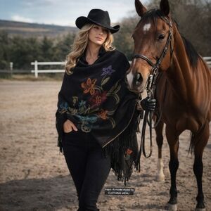 Black Shawl Wrap with Vibrant Colorful Floral | Multicolor Woven Fabric